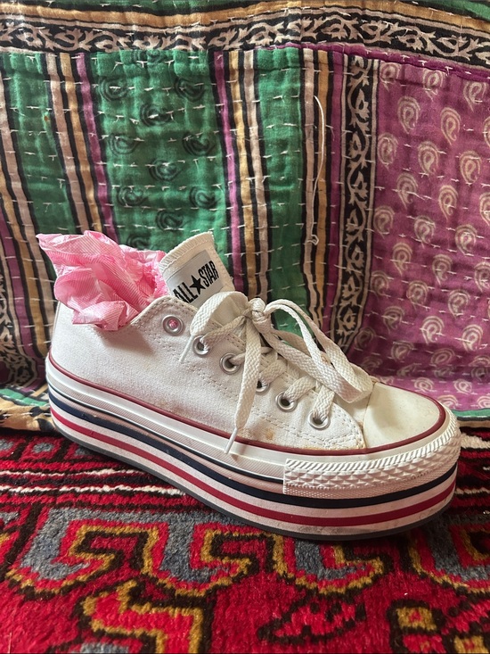 Converse Shoes - Converse White Low-Top Platform Sneakers with Red and Navy Stripe